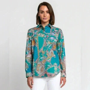 Hinson Wu Gemma Long Sleeve Teal Paisley Print Shirt Size S NWT